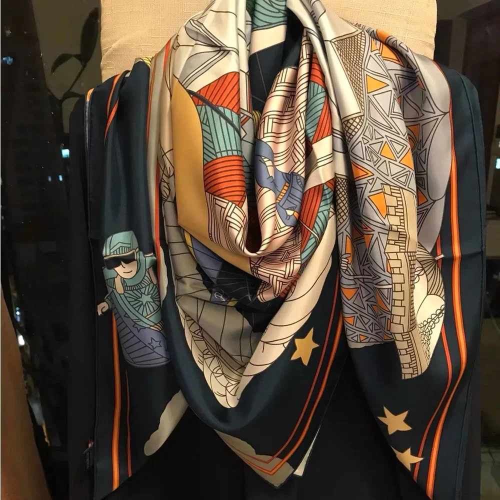 Flying Print 100% Silk Scarf Aviation Design – 135cm